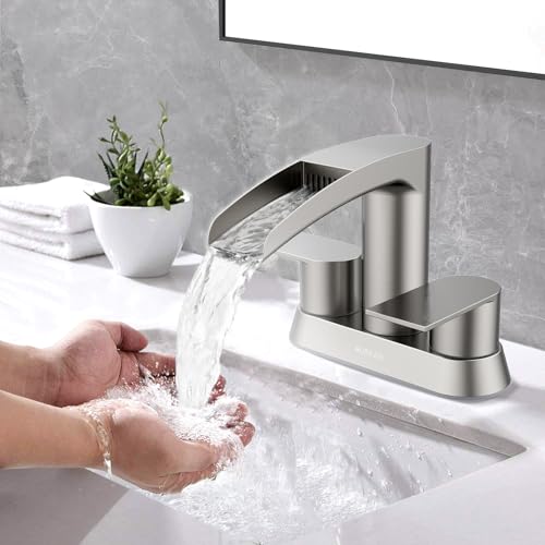Bathroom Sink Faucet for 3 Hole, Hurran 4 Inch Bathroom Faucets with Pop-up Drain, Stainless Steel 2-Handle Waterfall Faucet for Sink, Brushed Nickel - color: Brushed Nickel