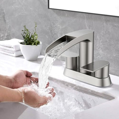 Bathroom Sink Faucet for 3 Hole, Hurran 4 Inch Bathroom Faucets with Pop-up Drain, Stainless Steel 2-Handle Waterfall Faucet for Sink, Brushed Nickel - color: Brushed Nickel
