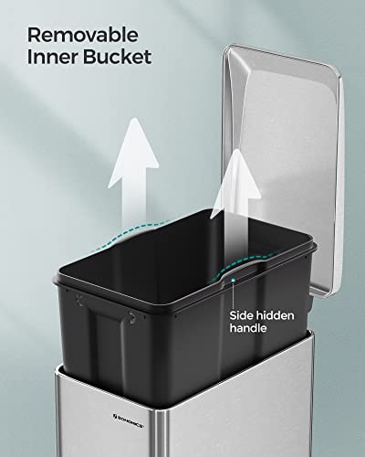 SONGMICS Slim Trash Can, 13-Gallon (50 L) Garbage Can for Narrow Spaces with Soft-Close Lid, Inner Bucket, and Step-on Pedal, Stainless Steel, 15 Trash Bags Included, Silver ULTB510E48 - color: Silver, style: 13 Gal.