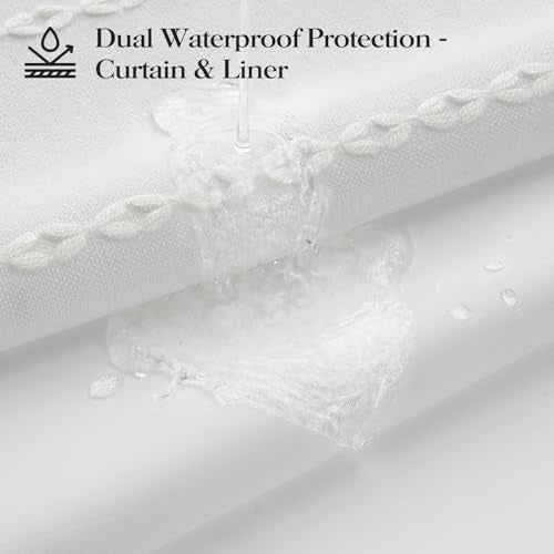 72x87 Ringless Boho Stripe Tassel Shower Curtain with Snap Liner White | Extra Long Size, Heavy Duty Linen Blend, 3 in 1 Shower Curtain Set, Farmhouse Style, Waterproof & Washable, Mesh Top Window - color: White, size: 72"W x 87"L (Pack of 1)