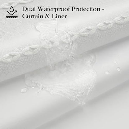 72x87 Ringless Boho Stripe Tassel Shower Curtain with Snap Liner White | Extra Long Size, Heavy Duty Linen Blend, 3 in 1 Shower Curtain Set, Farmhouse Style, Waterproof & Washable, Mesh Top Window - color: White, size: 72"W x 87"L (Pack of 1)