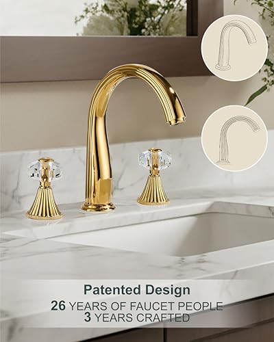 Gold Crystal 3 Hole Sink Vanity 8 Inch Brass 2 Handles 2 Tone Widespread Modern Unique Bathroom Faucets Sets, Antique Lavabo Faucet, Vintage Lavatory Vessel Luxury Mixer Tap with Pop up Drain - style: Vintage
