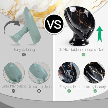 Soap Dish, Ceramic Soap Holder Self Draining Leaf Shape Bar Soap Holder, Marble Look Black Drain Soap Dish Holder for Bathroom, Easy to Clean Keeps Soap Dry, ANTIS'S HOME - color: 1pcs-black