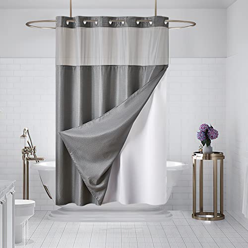 Furlinic No Hook Shower Curtain with Snap in Fabric Liner Set,Waffle Weave Heavy Duty Bathroom Curtain with See Through Window,Waterproof & Machine Washable,Hotel Style,Light Grey,71x72 Inch - color: Grey, size: 71"W x 72"L (Pack of 1)