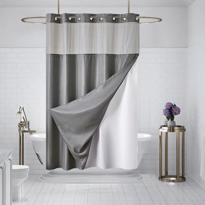 Furlinic No Hook Shower Curtain with Snap in Fabric Liner Set,Waffle Weave Heavy Duty Bathroom Curtain with See Through Window,Waterproof & Machine Washable,Hotel Style,Light Grey,71x72 Inch - color: Grey, size: 71"W x 72"L (Pack of 1)