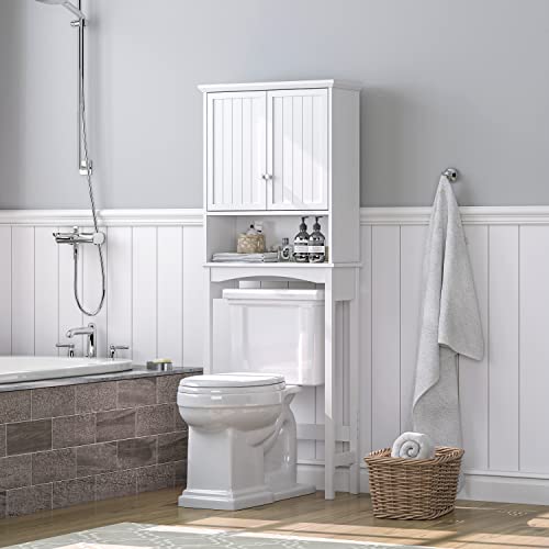 UTEX Over the Toilet Storage Cabinet with Doors, Adjustable Shelf, White | Raised-Panel Doors, Adjustable Interior Shelf, Open Storage, Anti-Tip Device, 33-Inch Clearance, FSC-Certified Wood