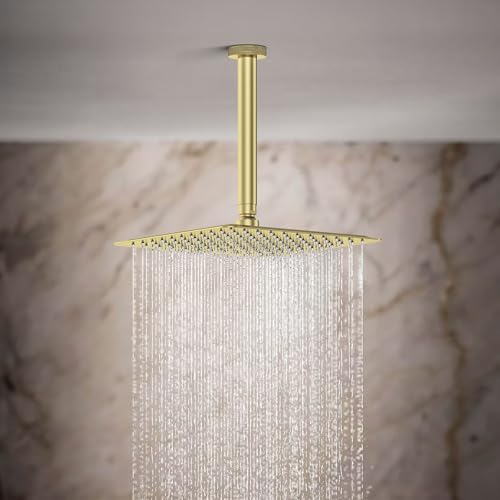Shower System 12IN Modern Rain Brass Faucet Set With Valve and Diverter Shower Mixer With Handheld High Pressure Square Rainfall Shower Valve (12'' Ceiling Mount, Brushed Gold) - color: Brushed Gold, style: 12'' Ceiling Mount
