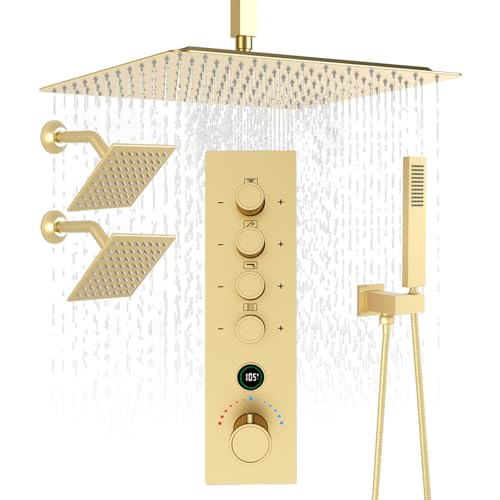 Thermostatic Digital Triple Heads Rain Shower System Can Run Together | Brushed Gold 4-way Thermostatic Digital Shower Faucets Set, 12" + 6" Tilted Shower + 6 Body Sprays with On-off + Handheld - color: Brushed Gold, style: 12” + 6" + 6"