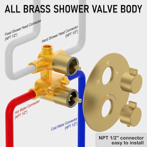 Iriber Thermostatic Shower System Wall Mount with 10 Inch Roud Rainfall Shower Head and Handheld,Shower Faucet Mixer Trim Kit (Valve Included),Brushed Gold - color: Brushed Gold 03