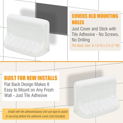 Shower Wall Soap Holder & Ceramic Soap Dish - Fits 4x4 Inch & Any Tile Walls, Heavy-Duty Flat-Back Design with Drainage Slope, No-Slip, Classic White