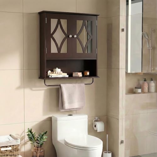 RoyalCraft Bathroom Medicine Cabinet Wall Mounted, Over the Toilet Storage Cabinet with Towel Rack and Adjustable Shelf, Large Bathroom Towel Cabinet Wall Mount 22x25 inch (Brown) - color: Brown