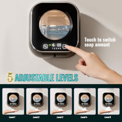 Automatic Soap Dispenser Touchless, Wall Mount Hand Soap Dispenser 10.8oz, LED Clock Electric Sensor Pump with 5 Speed Foam,120-Day Long-Life Battery, IPX5 Waterproof for Kitchen Bathroom Office Hotel