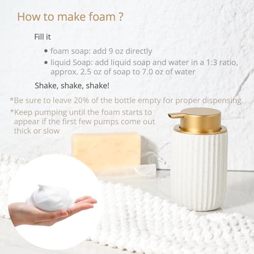 Speckled White Ceramic Foam Dispenser 2 Pack, Rippled Gold Top | Modern Minimal Design, Subtle Bathroom Upgrade, Elegant Gold Accent, Marble Decor Match, Soft Foam Pump, 12 oz Capacity - color: White, Golden 2 Pack