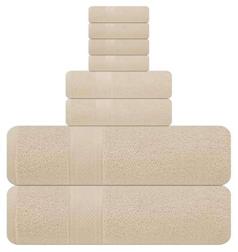 ELITE 8-Piece Zero Twist Cotton Bath Towel Set – 100% Cotton Luxury Towels – Ultra Soft, Fluffy & Absorbent – Quick Dry, Durable & Fade Resistant – Spa Quality Bath, Hand & Washcloth Set (Beige) - color: Beige