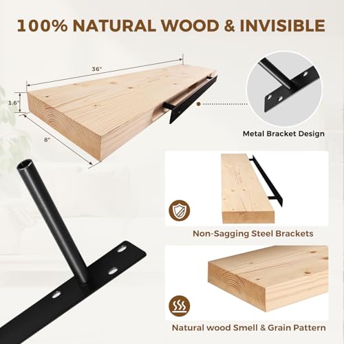 Solid Wood Floating Shelves, 36 Inch Wall Shelves, Set of 2, Wood | 8 Inch Deep, 1.6 Inch Thick, Extra-Wide Display Space, Mounting Hardware Included, For Kitchen, Bathroom and Living Room - color: Wood, size: 36x8x1.6
