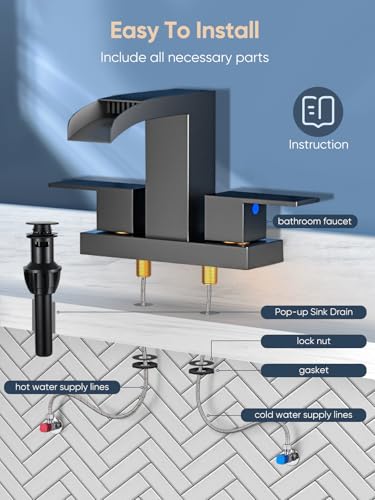 Cobbe Waterfall Bathroom Faucets 3 Hole, Matte Black Bathroom Sink Faucet Square 4 Inch Centerset with Pop-Up Drain, 2 Handle and 2 Supply Hoses, Lead-Free Stainless Steel for Vanity Sink Rv - color: Black, size: 4 Inch Centerset
