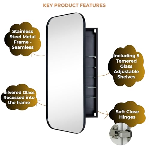 TEHOME Black Rectangle Long Bathroom Medicine Cabinet with Mirror Matt Black Recessed and Surface Mount Stainless Steel Metal Framed Rounded Rectangular Bathroom Cabinet with Mirror 20x40'' - size: 20 x 40''