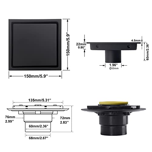 6 Inch Shower Drain Square Black Matte，with Adjustable Drain Flange Kit Base PVC, Removable Grid Strainer Cover and Invisible Floor Tile Insert, SUS304 Stainless Steel - color: Matte Black