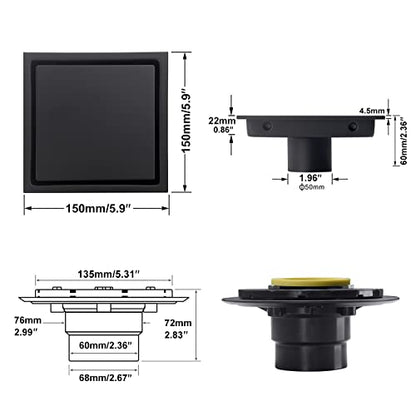 6 Inch Shower Drain Square Black Matte，with Adjustable Drain Flange Kit Base PVC, Removable Grid Strainer Cover and Invisible Floor Tile Insert, SUS304 Stainless Steel - color: Matte Black
