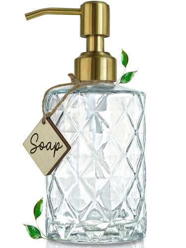 JASAI Diamond Design Glass Soap Dispenser with Golden Pump | Refillable Hand soap Dispenser for Kitchen, Soap Dispenser Bathroom for Soap, Hand soap, Dish Soap, Lotion. - color: Clearglass-golden Pump, style: Diamond