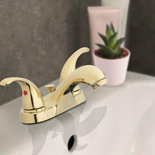Two-Handle Centerset Bathroom Sink Faucet, Polished Brass | 1.2 GPM Flow, 3-Hole Install, Drip-Free Cartridge, Pop-Up Drain, WaterSense Certified, Double Handle Bathroom Sink Faucet - color: Polished Brass