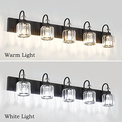 Ralbay Modern Crystal Black 5-Light Bathroom Vanity Light, Matte Black Crystal Bath Wall Light Fixtures - color: Round-Black, size: 5-light