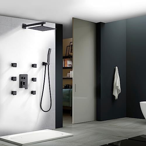 Shower System with 6 PCS Body Spray Jets 12 Inch Rain Shower Head Wall Mounted,Can Run All Together Contain Shower Faucet Rough-in Valve Body and Trim,Matte Black