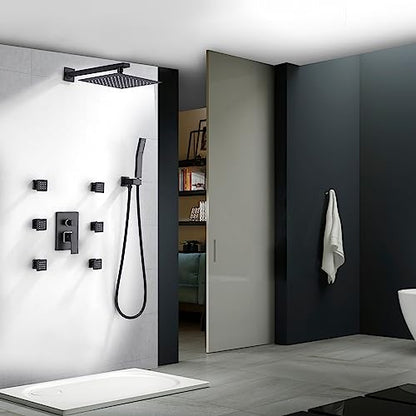 Shower System with 6 PCS Body Spray Jets 12 Inch Rain Shower Head Wall Mounted,Can Run All Together Contain Shower Faucet Rough-in Valve Body and Trim,Matte Black