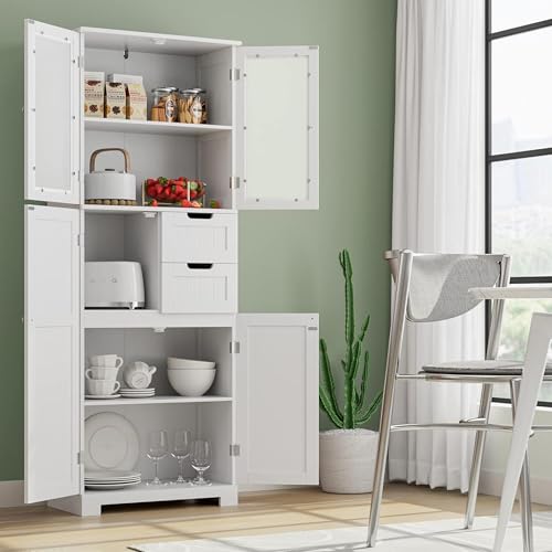 BOTLOG 67'' Tall Bathroom Storage Cabinet, Linen Cabinet with Glass Doors and Adjustable Shelves, Kitchen Pantry with 2 Drawers for Bathroom, Living Room, Dining Room, White | Frosted Glass Doors, Wood Drawers, Kitchen Pantry, Line Cabinet for Bathroom, L
