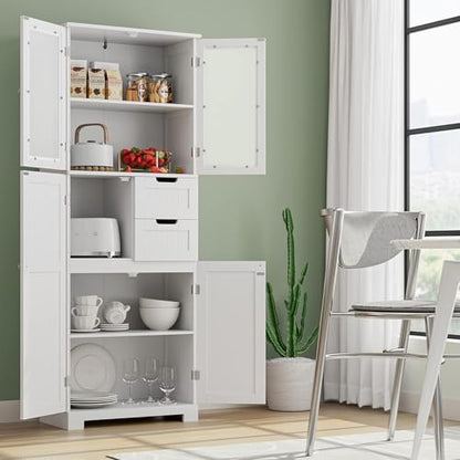 BOTLOG 67'' Tall Bathroom Storage Cabinet, Linen Cabinet with Glass Doors and Adjustable Shelves, Kitchen Pantry with 2 Drawers for Bathroom, Living Room, Dining Room, White | Frosted Glass Doors, Wood Drawers, Kitchen Pantry, Line Cabinet for Bathroom, L