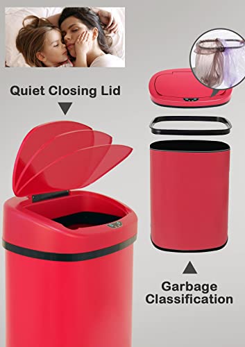 13 Gallon/50 L Kitchen Trash Can with Lid, Stainless Steel Garbage Can with Touch-Free Lid, Cute Trash Can Automatic Trash Can Bathroom Trash Can with Lid, Motion Sensor Trash Can Brushed Finish - color: Red