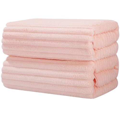 Bath Towels 2-Pack, 27.5x55 Inches - Ultra Soft and Highly Absorbent Quick Dry Microfiber Towels with Hanging Loop, Beauty Twill Stripe Design for Bath, Beach, Gym - color: 2pink