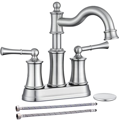 Roman Bathroom Sink Faucet Deck Mount or Wall Mount Installation Pop-up Drain Assembly with Overflow Deck Plate and Water Supply Lines Included (2 Hole Deck Mount, Brushed Nickel) - color: Brushed Nickel, style: 2 Hole Deck Mount