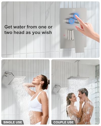KOJOX Brushed Nickel Dual Shower Head System – 11" Ceiling Rainfall + 6" Wall Mount Heads, 6-Mode Handheld Spray, Push-Button Diverter Faucet Set - color: Brushed Nickel, size: 6''+11''