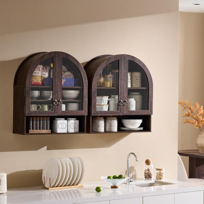 IFGET Bathroom Arched Wall Cabinet, 23.6'' Wide Medicine Cabinet with Adjustable Shelves & Glass Doors, Over The Toilet Storage Wall Mount Cabinet for Laundry Room, Kitchen & Living Room, Dark Walnut - color: Dark Walnut