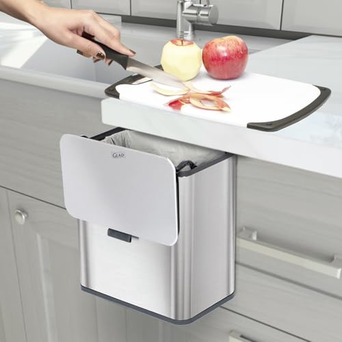 Glad Roomate Under Counter Trash Can - Space Saving Stainless Steel Waste Bin with Dual Lid and Clorox Protection - Small Trash Can for Kitchen Cabinet, Under Sink, or Bathroom, 1.5 Gallon (6L) - color: 6 Liter All Stainless
