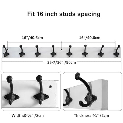 WEBI Rustic Coat Rack Wall Mount,35.43" Long 8 Cast Iron Coat Hooks Wall Mounted,Heavy Duty Wall Coat Hanger Hooks for Hanging Coats,Clothes,Jacket,Black on White - color: White, size: 35 Inch