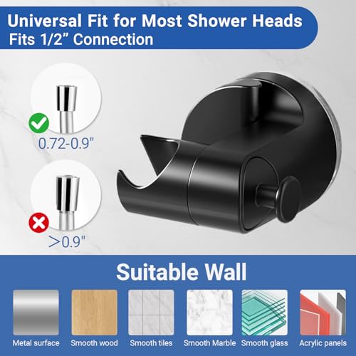 Suction Cup Shower Head Holder Wall Mount, Removable Handheld Shower Head Holder with Side Hook, Adjustable Vacuum Suction Shower Wand Holder (Black) (Black) - color: Black