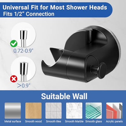 Suction Cup Shower Head Holder Wall Mount, Removable Handheld Shower Head Holder with Side Hook, Adjustable Vacuum Suction Shower Wand Holder (Black) (Black) - color: Black