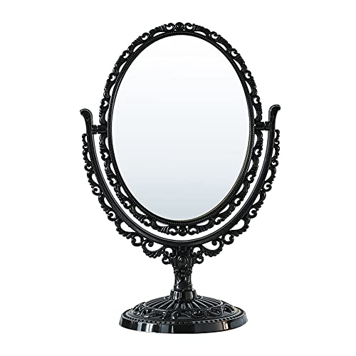 Schones Geschaft 2-Sided Tabletop Makeup Mirror, Swivel Vintage Dresser Cosmetic Mirror, Double Sided Oval Desktop Stand Mirror (Black) - color: Black
