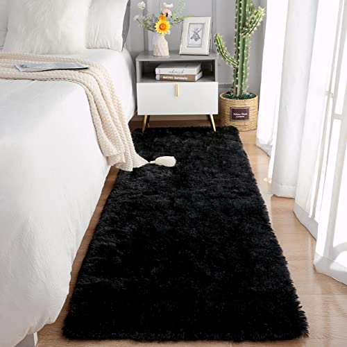 Chicrug Soft Runner Rugs for Bedroom Living Room Plush Fluffy Rug 2x6 Feet, Shag Furry Area Rug Carpet Non Shedding for Nursery Children Kids Girls Room Home Decorative, Black | Shag Furry Area Rug Carpet Non Shedding for Nursery Children Kids Girls Room