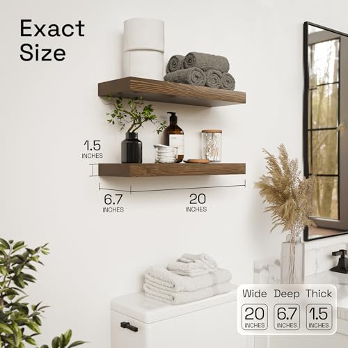 Solid Wood Floating Shelves for Wall 20 Inch Walnut, Wooden Bathroom Shelf | Real Wood, 20 Inches Wide, Heavy Duty, Wall Mounted, Kitchen Bedroom, Rustic Farmhouse, Walnut Finish, 20W × 6.7D, Set of 2 - color: Walnut, size: 20 Inch