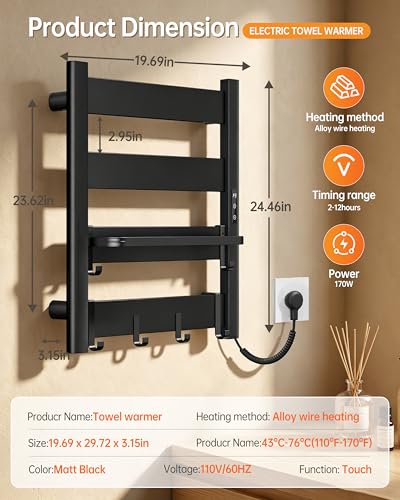 4-Bar Wall Mounted Heated Towel Rack for Bathroom, Matte Black | PTC Fast Heating to 170°F in 6 Minutes, Adjustable Temperature 110-170°F, 2-12H Timer, Space Aluminum Towel Warmer - color: Black, size: PTC 4-Bars