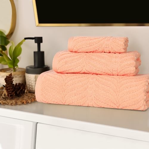 Superior Cotton Chevron 3-Piece Towel Set, Zero Twist, Quick Dry, Home Essentials, Shower, Spa, Luxury Plush Soft Absorbent Towels, Includes 1 Bath, 1 Hand, 1 Washcloth/Face Towel, Jacquard, Peach - color: Peach, size: 3 Piece Towel Set (Jacquard)