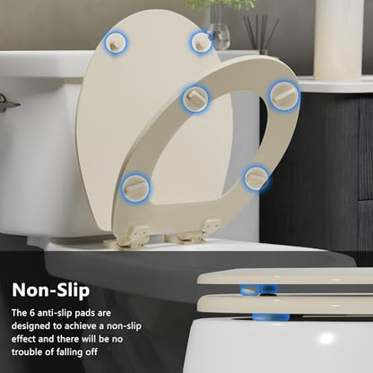 Angol Shiold Slow Close Wood Toilet Seat（Bone, Round 16.5''） | Durable enameled wood round toilet seat, adjustable non-slip hinges, anti-pinch bumpers, easy to install and clean