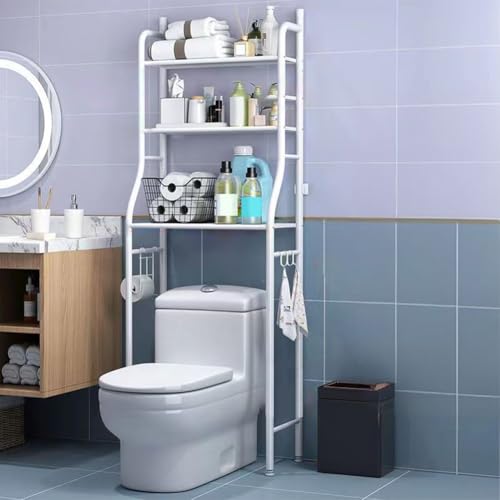 3-Tier Over The Toilet Storage, Freestanding Metal Bathroom Shelves, Above Toilet Storage Rack with Hooks and Paper Holder, Space-Saving, for Bathroom Restroom Laundry, White - color: White, size: 3 Layers