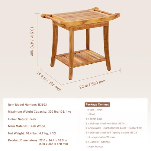 VEVOR Teak Shower Bench, 22 x 14.4 x 18.5 in, Waterproof Wood Shower Stool with Storage Shelf Handle Non-Slip Feet, 300 lbs Maximum Load Capacity Shower Chair Seat, for Bathroom Indoor and Outdoor Use - size: 22in