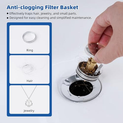Hibbent Metal Bathroom Sink Drain & Stopper Fit with or Without Overflow | Universal Drain Stopper with Detachable Stainless Steel & Brass Strainer Basket for Lavatory Vanity Vessel Sink, Chrome - color: Chrome