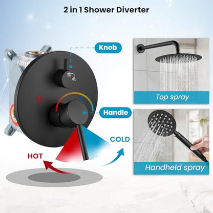 gotonovo High Pressure Shower System Valve and Trim Kit,Matte Black | Round Rain 10 Inch Shower Head with Handheld Faucet Set Complete,Rough In Valve,2-in-1 Diverter,All Metal,Bathroom Wall Mount - color: Black