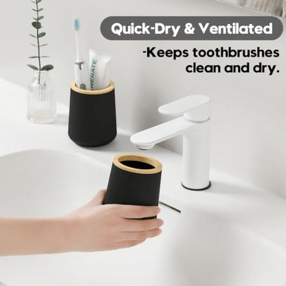YAUKPH Bamboo Striped Toothbrush Holder | for Electric Toothbrushes Bathroom Organizer Cup for Toothpaste Kids & Adults Black - color: Black Bamboo